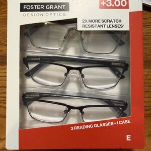 Foster Grant Reading Glasses +3.00 | 3 Pack Metal Square Readers | Open Box